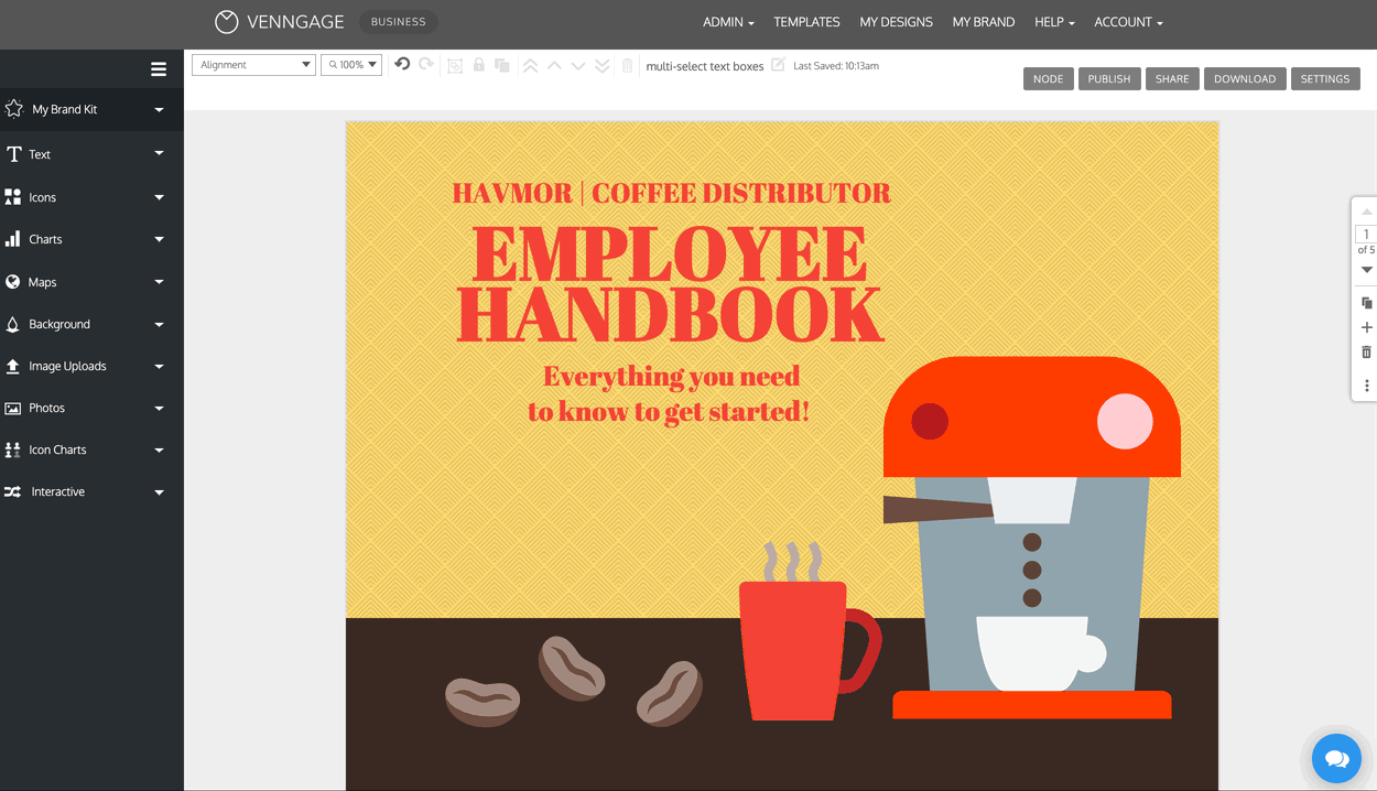 A design canvas open in the Venngage Editor featuring a red, yellow and brown design with the icon of a coffee maker and a mug of coffee in the foreground. A text box with the title 'Employee Handbook' in large red letters and a serif font face appears to the left. Above the title text box, a text box with the company name 'Havmor Coffee Distributor Appears'. Underneath the title text box, a third text box with the phrase 'Everything you need to know to get started!' appears. These two additional text boxes have the same font as the title but are smaller and a dark brown. A user selects the two text boxes by clicking and pressing the shift key. The top toolbar now displays text editing tools. The user changes the color of the text in both of the selected text boxes from dark brown to black. The user then clicks and drags their mouse over the three text boxes, including the title, selecting all of them. The top toolbar displays the text editing tools again. The user changes the font face of all three text boxes to a non-serif font, and then changes the alignment of all three text boxes from 'Center' to 'Left', then opens the line height drop-down and changes the line height from 1.0 to 1.4.