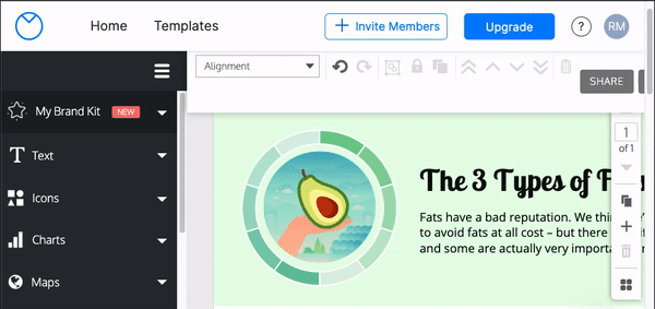 Un GIF animado del editor de Venngage que muestra el ícono de pregunta en el menú de nivel superior y demuestra el proceso anterior.