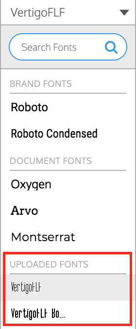 A cropped screengrab of the drop-down Fonts menu in the Venngage Editor. Several headings appear with different font face options under each of them: the first is Brand Fonts, then Document Fonts and underneath that, Uploaded Fonts. Beneath that is All Fonts.