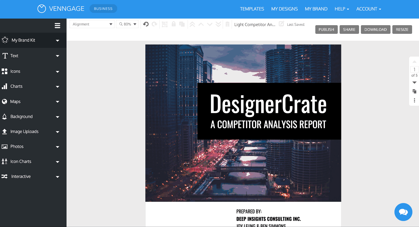 A user double-clicks on the background image of a design to bring up the Replace menu. From the Photos tab, they select an image of a city skyline at night to replace the original background image.