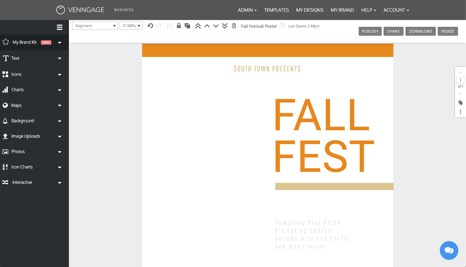 A design canvas in the Venngage Editor shows a cream poster with the text 'South Town Presents Fall Fest' in shades of orange, with orange decorative accents. The user clicks 'Photos' in the left sidebar and types 'fall' into the search bar. The search returns multiple images of trees or landscapes with red, orange and yellow leaves. The user double-clicks a photo that shows a bright yellow leaf in close-up against a background of a forest trail with dark trees and leaves littering the ground. The user drags the photo into position to the right of the 'Fall Fest' heading, aligning it with the other elements on the poster.