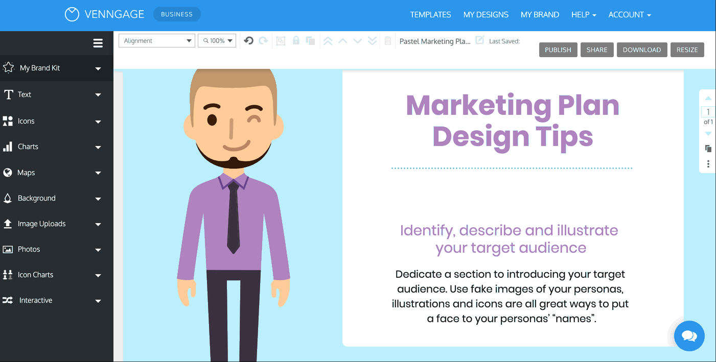 A user in the Editor clicks a Title text box in the left sidebar and a title-styled textbox appears in the on the design canvas, which displays a design with a light blue background, an icon of a person wearing a purple shirt, black pants and a black tie, and text in a white box, including the heading 'Marketing Plan Design Tips'. The user clicks into the title-styled textbox and types 'Design Tip #'.