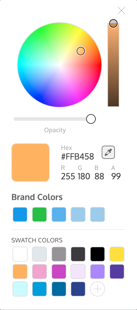 A close-up of the Color Tool widget, as it appears in the Venngage Editor. The top part of the widget is dominated by a color wheel, which represents a rainbow of colors that the user can choose from, using the circular selector dot to indicate which part of the wheel they are selecting a color from. In this case, the selector dot appears in an area with a light orange shade. A slider next to the color wheel represents the light/dark value of the color, with the circular selector dot indicating that the slider is set to the lightest value. Under the color wheel is a slider bar labeled 'Opacity', with the selector dot set to nearly the highest level of opacity. Below this, a large square with rounded corners appears, with the same light orange color that is selected on the color wheel. This is the color tile that previews the color the user has selected. Next to the color tile are two headings: one for HEX, which is a color coding language that represents digital colors with a string of six combined letters and numbers after a pound sign. Here, the light orange is represented as HEX #FFB458. Under this are the RGB values of the color, which similarly represent the same color by indicating its Red, Green, and Blue ratios and its opacity. R=255, G=180 and B=88, representing the light orange. The opacity level indicated by the slider is also represented by the a value; here it is displayed as A=99 out of a possible 100 opacity. The bottom section contains two headings, Brand Colors and Swatch Colors, under which appear multiple, small color tiles.
