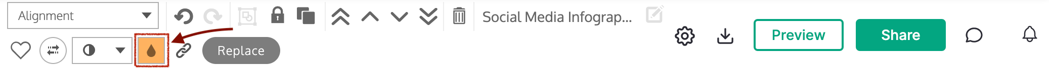 La barra de herramientas superior de un diseño en el Editor de Venngage con el título 'Infografía de redes sociales'.  En el menú de fuentes, el icono de la herramienta de color (de color naranja, con una forma de lágrima gris oscuro en el centro) está resaltado por un cuadro rojo oscuro y una flecha roja oscura.