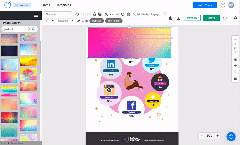 In the Venngage Editor, a design canvas with the heading 'Top Social Media Platforms for Marketing' appears. There is a photo of a rainbow-colored gradient overlaying the design canvas. The user selects the photo and expands the gradient photo, covering the entirety of the design canvas. The user then clicks the 'Move to Back' button in the top toolbar, which moves the gradient photo to the background of the design.