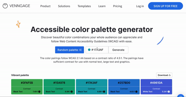 On the Color Palette generate page, a user types the HEX code '#E6308A' into the text field that appears between the blue button to generate a 'Random palette' and a white button to generate a custom palette. A small dot in the text field previews the color as the user types; when the user is finished typing the HEX code, the dot appears magenta, which is the color of the HEX code. The user clicks the 'Generate' button to the right of the text field and generates palettes underneath the text field and buttons. The user scrolls through the palette, which have headings describing their themes like 'Vibrant palette', 'Contrasting palette', 'Pastel palette'. When the user reaches the end of the page, they click the 'Load more' button at the bottom, to reveal further palettes based on the HEX code they entered.