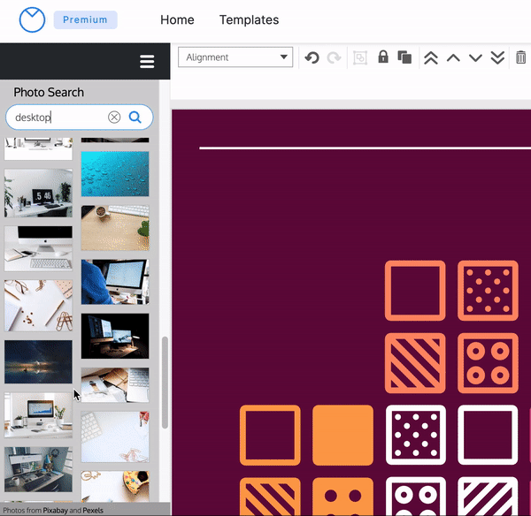 A partial view of the Venngage Editor shows a design canvas with a dark purple background with a series of orange, yellow and white abstract squares on it. On the left side of the canvas, the left sidebar is visible, with the Photos heading expanded. Underneath the search bar, a gallery of photo thumbnails generates and expands, showing thumbnails of photos of desks. A user clicks on one of the photo thumbnails, and drags it to the design canvas; when the user releases it, it appears on the canvas.