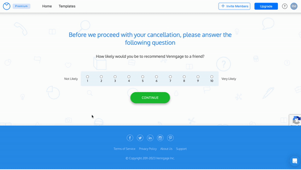 A user moves through the process for cancelling their subscription, which includes answering questions like rating Venngage's platform services on a scale, providing details about why they are cancelling their subscription, and leaving feedback in a comment box, before they click 'Cancel account'.