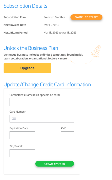 A screenshot of the Subscription tab in a user's Account page. The heading on the page include the user's subscription details, which show a Premium plan on a monthly subscription, and an option to upgrade to the business plan under the heading 'Unlock the Business Plan', as well as a form field for updating credit card information.