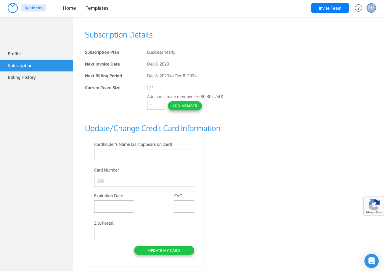 A guia Assinatura da página Minha conta de um usuário aberta na Venngage.  A página mostra os detalhes da assinatura do usuário e um formulário para inserir as informações do cartão de crédito.