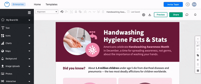 In the Venngage Editor, a design canvas with a maroon and pink color scheme is open, showing the title Handwashing Hygiene Facts & Stats. A user clicks on the Alignment drop-down menu; the user clicks on the different tools: Smart Guides, Grid, Margins, and each appears on the design canvas, showing an overlaying grid and margins that allows the user to align elements on the design canvas.