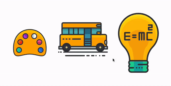 Dans un gros plan d'une toile Venngage Editor, trois icônes apparaissent à la suite : une palette de peintre, un autobus scolaire et une ampoule.  Un utilisateur redimensionne les éléments et, ce faisant, chaque icône apparaît avec des lignes de guidage d'alignement rose vif.  Lorsque l'utilisateur redimensionne l'icône du bus, une bordure rose apparaît autour de l'icône de la palette, de sorte que l'utilisateur peut redimensionner le bus pour qu'il soit de la même taille que la palette.  L'utilisateur redimensionne l'icône de l'ampoule de la même manière.  L'utilisateur réaligne ensuite les trois icônes, en les plaçant à égale distance les unes des autres.  Lorsque l'utilisateur déplace une icône en place, des lignes d'alignement roses avec des flèches à chaque extrémité indiquent à l'utilisateur la distance entre chacune des icônes, permettant à l'utilisateur de les placer à égale distance les unes des autres.