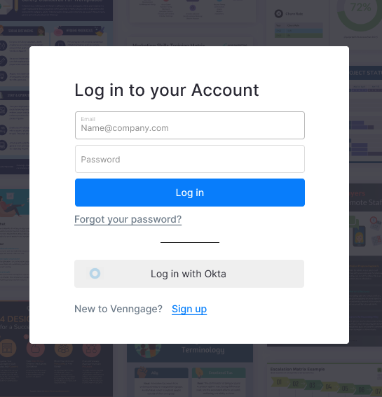 Um close do modal de login no site da Venngage.  Os campos para o usuário inserir seu endereço de e-mail e senha são exibidos.