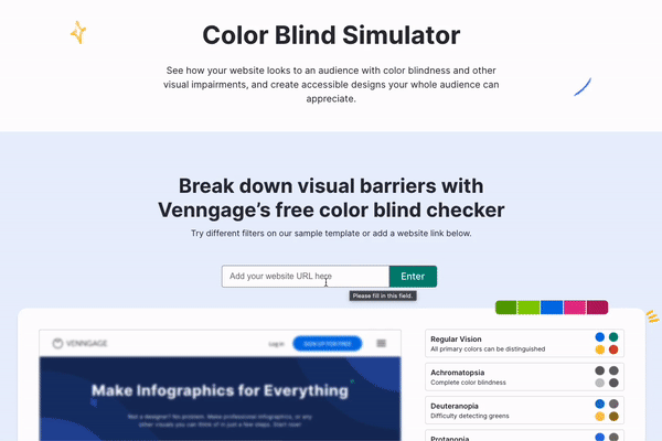 A user scrolls down Venngage's free Color Blind Simulator page. The page has the title 'Color Blind Simulator' and a subheading that reads 'Break down visual barriers with Venngage's free color blind checker.' The user scrolls past the subheading, to a section with a Venngage template in a preview pane on the left, and a list of different color blindness or visual impairment conditions; the user clicks on the conditions and the preview pane changes according to what the user clicks, changing the colors in the preview template or blurring it.