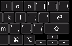 A close-up of an onscreen accessible keyboard, right, bottom three rows. The direction arrow keys are highlighted by a flashing red border as each one is pressed, beginning with the Up arrow, then the Down arrow, then the left arrow, then the right arrow.