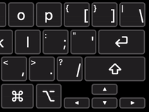 Um close-up de um teclado acessível na tela, centralizado, nas três linhas inferiores.  A tecla Espaço é destacada por uma borda vermelha piscando quando é pressionada.