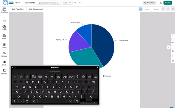 A pie chart appears on a design canvas in the upgraded Venngage Editor, with the onscreen keyboard obscuring part of the bottom half of the canvas. A user presses Command, Option and T with the pie chart on the canvas selected, and the top toolbar changes to display more in-context tools for the chart. The user changes the chart from a pie chart to a bar chart, then uses the Tab and Return (Enter) key to select the Edit Chart option, opening the chart Setup panel on the right side of the screen, overlaying the canvas area partially.