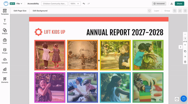 A design canvas open in the upgraded Venngage Editor, with a series of 8 photographs of children arranged in a 2 by 4 grid, under the heading Annual Report 2027-2028. A user clicks on the third photo in the top row. The top toolbar menu shows a Replace button when the photo is selected; the user clicks this button. From the left sidebar, the Replace menu opens to the Photos tab. The user clicks on the Icons tab, which shows multiple categories of different icons available in the Editor. The user selects an icon and it replaces the photo they selected on the canvas.