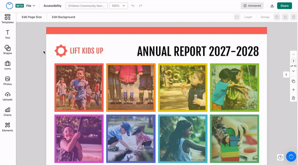 A design canvas open in the upgraded Venngage Editor, with a series of 8 photographs of children arranged in a 2 by 4 grid, under the heading Annual Report 2027-2028. A user clicks on the first photo in the top row. The top toolbar menu shows a Replace button when the photo is selected; the user clicks this button. From the left sidebar, the Replace menu opens to the Photos tab. The user types 'children' into the search bar and the search returns royalty-stock photos of children doing different activities; the user selects an image from the search results and it automatically replaces the image selected on the design canvas, keeping the original image's dimensions.