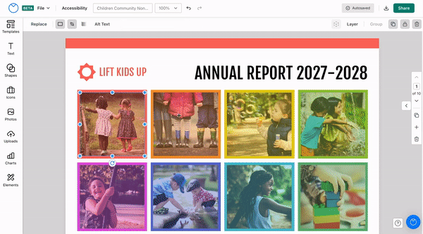 A design canvas open in the upgraded Venngage Editor, with a series of 8 photographs of children arranged in a 2 by 4 grid, under the heading Annual Report 2027-2028. A user double-clicks on the second photo in the top row. From the left sidebar, the Replace menu opens to the Photos tab. The user types 'kids' into the search bar and the search returns royalty-stock photos of children doing different activities; the user selects an image from the search results and it automatically replaces the image selected on the design canvas, keeping the original image's dimensions.