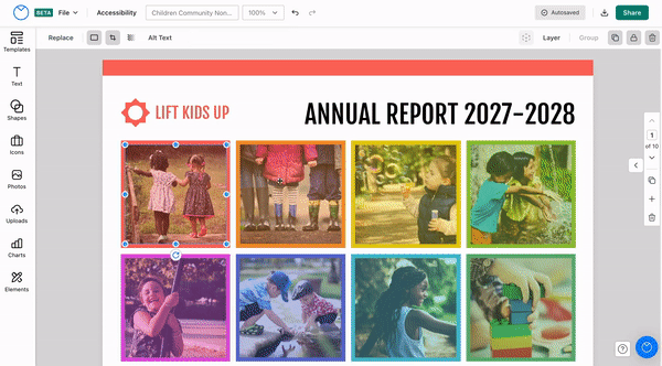 Un lienzo de diseño abierto en el editor de Venngage actualizado, con una serie de 8 fotografías de niños dispuestas en una cuadrícula de 2 por 4, bajo el título Informe anual 2027-2028.  Un usuario hace doble clic en la segunda foto de la fila superior.  Desde la barra lateral izquierda, el menú Reemplazar se abre en la pestaña Fotos.  El usuario escribe 'niños' en la barra de búsqueda y la búsqueda arroja fotos de derechos de autor de niños que realizan diferentes actividades;  el usuario selecciona una imagen de los resultados de búsqueda y automáticamente reemplaza la imagen seleccionada en el lienzo de diseño, manteniendo las dimensiones de la imagen original.