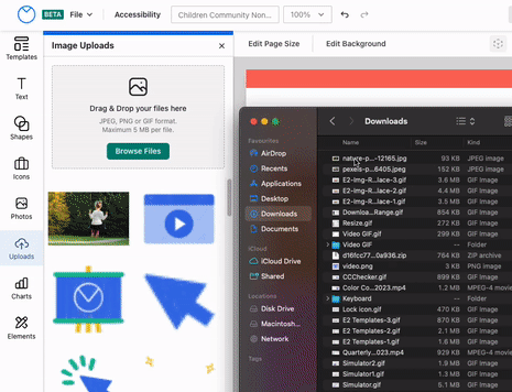 A partial view of the upgraded Venngage Editor is open, with a file explorer window over the design canvas. In the left toolbar, the Uploads tool is open. A user clicks and holds to drag an image file from the file explorer into the Image Uploads tool in the left sidebar panel. The image appears as a thumbnail under the Image Uploads.