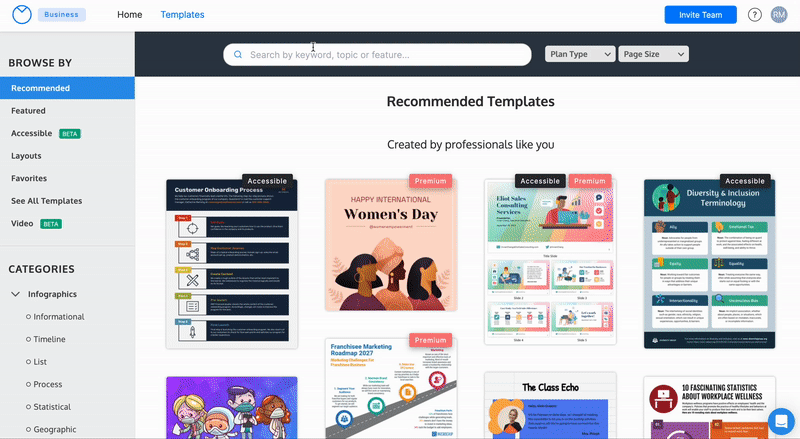 A user types 'letterheads' into the search bar at the top the Template page on the Venngage website, then scrolls through the results. The user mouses over a couple templates until they click 'Create' on a template called 'Business Accounting Termination Letterhead'. The template opens in the Venngage Editor.