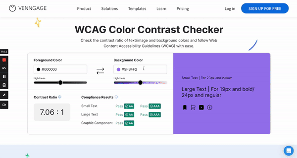 A user inputs different background colors into Venngage's WCAG Color Contrast Checker tool. There are widgets for the user to adjust foreground/text color, background color, lightness of both, and a section underneath that displays updated information about Contrast Ratio and Compliance Results, relative to WCAG Color Contrast guidelines, including whether the combinations pass or fail WCAG standards for color contrast and visibility.