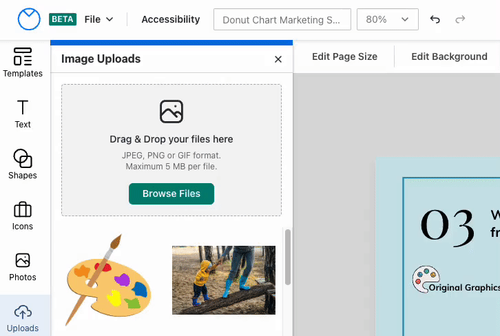 Over a close-up of the left sidebar of the upgraded Editor, with the Uploads tool open, a user drags 5 image files into the 'Drag & Drop' field in the panel. The button labelled 'Browse Files' changes to Uploading and the icons the user uploaded appear under the Drag and Drop field.
