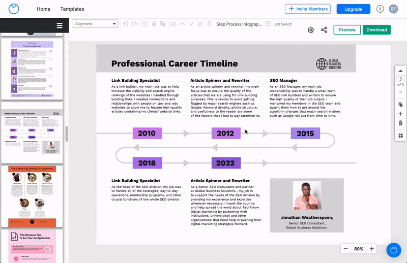 In the Venngage Editor, a design canvas entitled 'Professional Career Timeline' is open. A user clicks on the Page Manager tool, which appears as an icon of four grouped squares at the bottom of the Page Manager toolbar (located in the righthand side of the Editor canvas area). The Page Manager tool modal (box) opens, overlaying the design canvas. There are three pages, represented as thumbnails, in the Page Manager. The user clicks and drags the third page thumbnail into the second position, rearranging the pages so that the second page thumbnail now appears third. The user then clicks the third page thumbnail and clicks the trash can icon underneath it to delete the page.