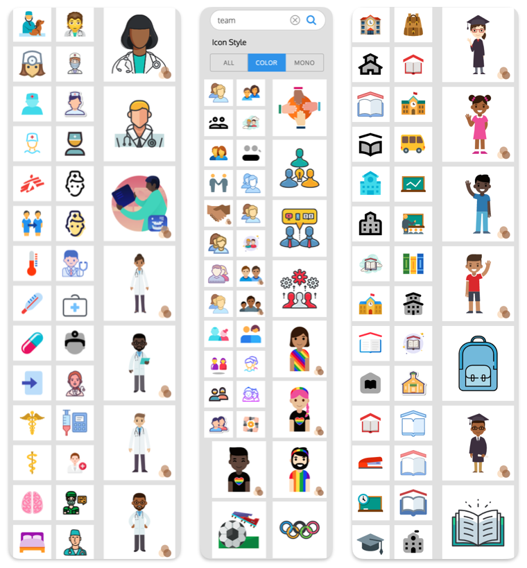 A three-column image showing side-by-side icon galleries, with preview thumbnails of different icons, including silhouettes of people in different tech and medical professions, icons representing teamwork with gears and groups of people, and educational icons like books, schools, graduates, etc.
