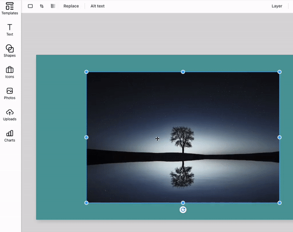A design canvas with a simple blue-green background appears in the upgraded Venngage Editor. A user selects a large photo of a night scene of land running next to a body of water with a single, tall tree in the middle, its reflection visible in the water beneath it. The image overlays part of the canvas. When the user selects the image, controls appear in the top toolbar, including the Crop icon. The user selects the crop icon and the image on the canvas enters 'crop' mode, where the entire canvas is in shadow and the image the user is editing is highlighted in a 'focal' section. The sections of the image that are cropped out also appear in shadow. Using the handles on the selection border, the user resizes the crop are to make it smaller, highlighting the top-right section of the image in the focal area. Then the user clicks inside the 'cropped' area of the image and repositions the photo so that the tree appears centered in the focal area. The user clicks outside the image on the canvas and the edits they made to the image with the crop tool are saved. The user then clicks on the Crop Shape tool in the top toolbar and changes the crop shape from rectangle to circle. This displaces the tree from the center of the focal area. The user clicks the Crop tool in the top toolbar and clicks and drags the image so that the tree is centered in the circle again. The user then clicks on a different part of the canvas, deselecting the image and saving the edits they made to it with the crop tool.