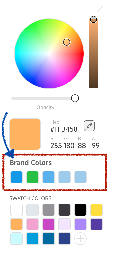 Un primer plano del menú de herramientas de color.  El menú muestra una rueda de selección de color con una barra deslizante para ajustar los valores de blanco y negro, un control deslizante de opacidad, una sección donde el usuario puede ingresar el código HEX o los valores RGB de un color y dos encabezados que incluyen Brand Colors y Swatches.  La sección Brand Colors está resaltada por un cuadro rojo oscuro y una flecha azul oscuro que apunta hacia ella.