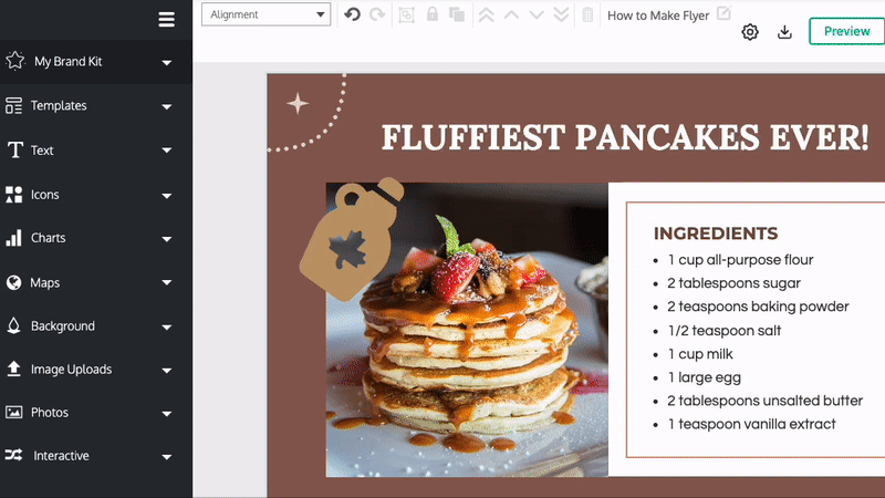 A partial view of a design canvas in the Venngage Editor shows a pancake recipe with the title Fluffiest Pancakes ever. A user clicks on an icon of a syrup bottle on the canvas, and a suite of tools appear in the top toolbar above the canvas, including a droplet icon the represents the Color Tool. The user clicks on the droplet icon in the top toolbar and opens the Color Tool menu. The menu shows a color picker wheel, a section where the user can enter the HEX code of a color, and two headings including Brand Colors and Swatches. The user moves their cursor over the Brand Colors, which include several color options, and clicks on a dark red, changing the color of the syrup bottle icon on the design canvas.