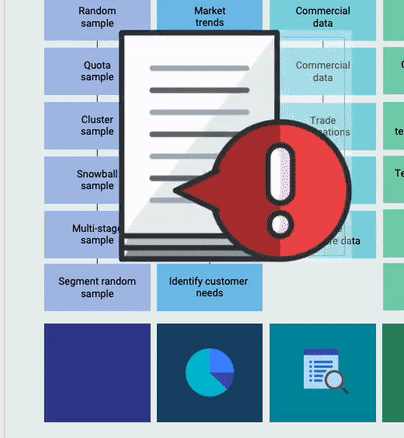 A close-up of a section of a deigns canvas in the Venngage Editor shows an icon of a stack of pages with a red speech bubble over it being placed on the canvas. A user then clicks and drags the icon into a position in the lower left corner of the canvas. The user then clicks and drags on the bottom right corner handle of the icon's selection (bounding) box, reducing its size proportionally.