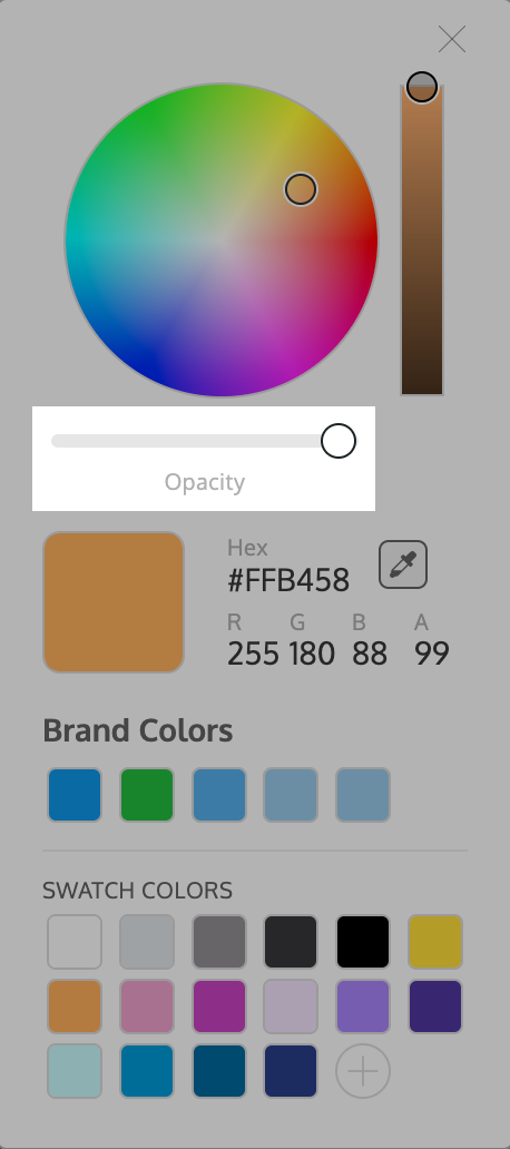 Um close-up do widget Color Tool, como aparece no Venngage Editor.  A imagem é editada para ficar sombreada, exceto na área onde a roda do seletor de cores aparece na parte superior, à esquerda do controle deslizante de valor claro/escuro e acima do controle deslizante de opacidade.