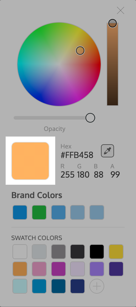 Un primer plano del widget Herramienta de color, tal como aparece en el Editor de Venngage.  La imagen se edita para que se sombree, excepto en el área donde el mosaico de vista previa de color muestra un color naranja claro.  El mosaico de vista previa aparece debajo de la rueda del selector de color y el control deslizante de opacidad, a la izquierda de la sección Código HEX y valores RGBA, y encima del encabezado Colores de marca.