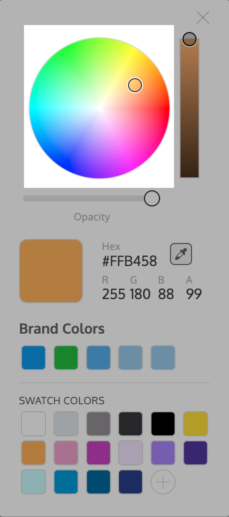 Un primer plano del widget Herramienta de color, tal como aparece en el Editor de Venngage.  La imagen se edita para que esté sombreada, excepto en el área donde aparece la rueda del selector de color en la parte superior, a la izquierda del control deslizante de valor claro/oscuro y encima del control deslizante de opacidad.