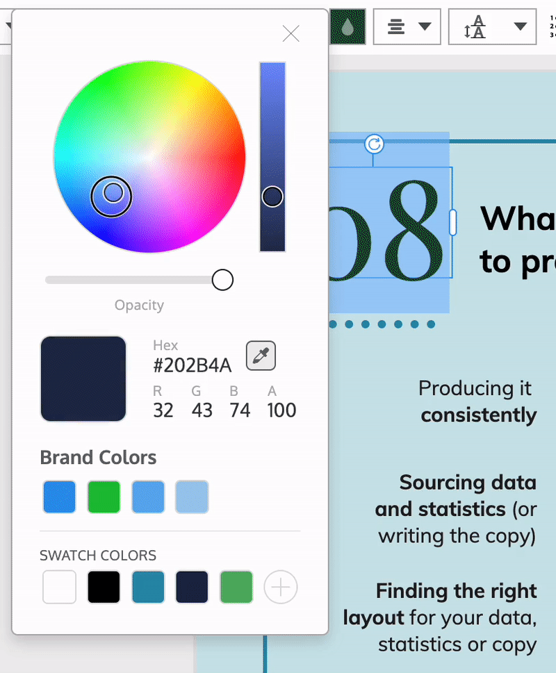 A partial view of a design in the Venngage Editor shows a canvas with a light blue background and a large number character '08' in dark blue. The 08 is selected and the Color Tool widget is open, partially overlaying the design canvas. The user clicks the selector dot in the light/dark value slider to the right of the color picker wheel, moving it up and down to make the blue color of the 08 lighter or darker. The preview tile changes color to correspond to where the user has moved the selector dot; the color of the 08 on the design canvas is also changing as the user moves the selector dot. The HEX Code and RGB values change to correspond to the user's selection in the slider.