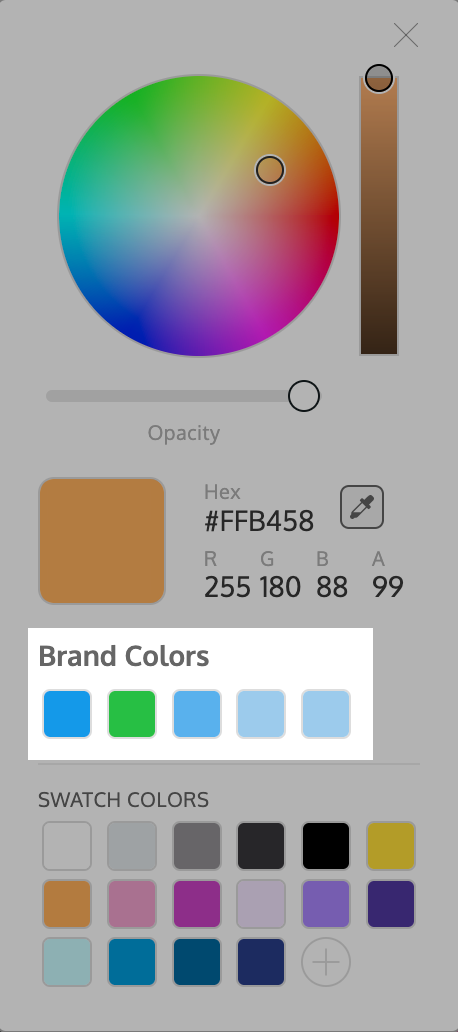 Um close-up do widget Color Tool, como aparece no Venngage Editor.  A imagem é editada para ser sombreada, exceto na área onde as Cores da Marca aparecem como pequenos ladrilhos coloridos sob o título 'Cores da Marca'.  Aqui, estão disponíveis cinco cores de marca representadas por cinco tiles diferentes.