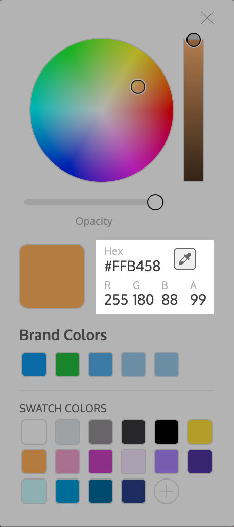 Un primer plano del widget Herramienta de color, tal como aparece en el Editor de Venngage.  La imagen se edita para que se sombree, excepto en el área donde aparecen los campos de valor HEX y RGBA, que se encuentran debajo del control deslizante Opacidad y a la derecha del mosaico de vista previa de color.