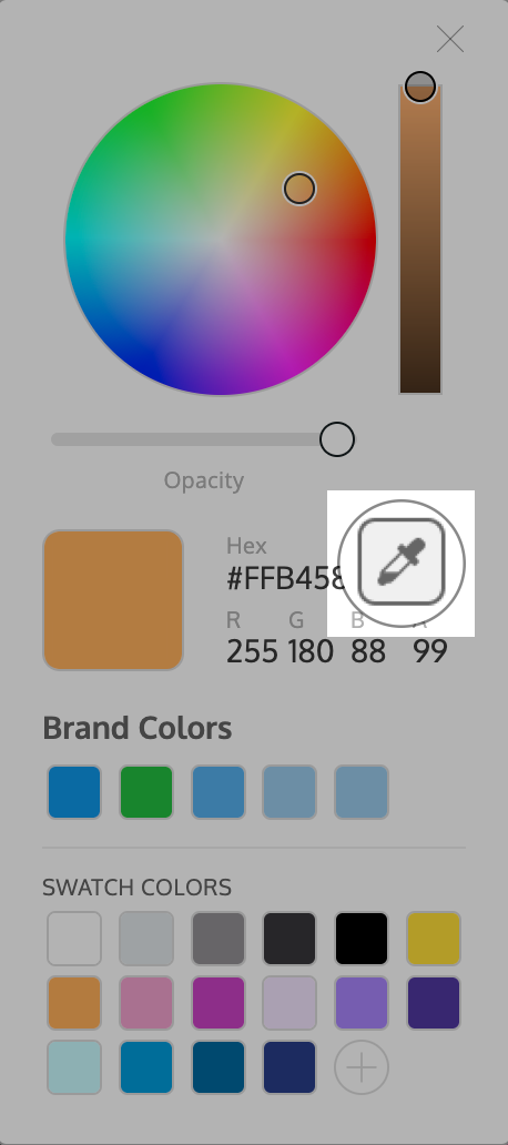 Um close-up do widget Color Tool, como aparece no Venngage Editor.  A imagem é editada para ficar sombreada, exceto na área onde aparece o conta-gotas, à direita do campo do código HEX.  O ícone da ferramenta conta-gotas também é ampliado para parecer maior.