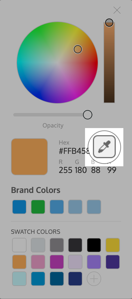 Un primer plano del widget Herramienta de color, tal como aparece en el Editor de Venngage.  La imagen se edita para que se sombree, excepto en el área donde aparece la herramienta Cuentagotas, a la derecha del campo de código HEX.  El icono de la herramienta cuentagotas también se amplía para que parezca más grande.