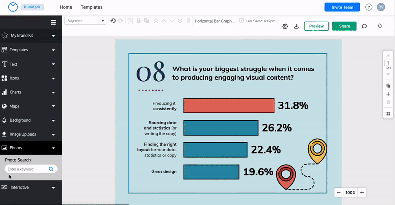 In the Venngage Editor, a canvas appears with a light blue background and a dark blue heading with the number 08 next to the text 'What is your biggest struggle when it comes to producing engaging content?' Under this heading, a bar chart appears with four bars, the top of which is a light red. The three bars beneath it are all a medium teal color. A user expands the Photos heading in the left sidebar and enters 'purple' into the search bar, returning multiple photos with shades of purple. The user selects one of the photos, of an LED lamp with different hues of purple and magenta, and adds it to the design canvas. The user then double-clicks on the bar chart to open the Chart Menu, and clicks the Color Tool icon next to the row in the spreadsheet that represents the light red colored top bar. The user clicks on the eye dropper in the Color Tool widget. The user's cursor is magnified, making the pixels it passes over more visible. The user moves the cursor over the photo of the purple LED lamp, and clicks on a part of the photo with a blue-purple color. The top bar of the bar chart changes to this blue-purple color, as well as the color preview tile in the Color Tool and the HEX/RGB values, to reflect the change. The user closes the Color Tool Widget and clicks on the design canvas, closing the Chart Menu. The user deletes the photo of the purple LED photo from the canvas.