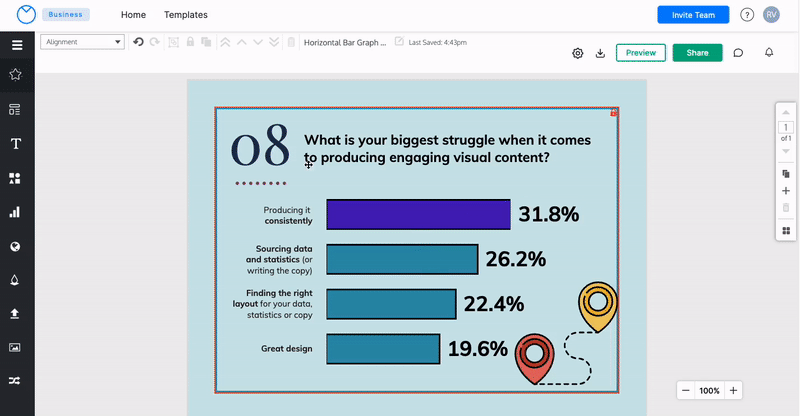 In the Venngage Editor, a canvas appears with a light blue background and a dark blue heading with the number 08 next to the text 'What is your biggest struggle when it comes to producing engaging content?' Under this heading, a bar chart appears with four bars, the top of which is a light red. The three bars beneath it are all a medium teal color. A user expands the Photos heading in the left sidebar and enters 'purple' into the search bar, returning multiple photos with shades of purple. The user selects one of the photos, of an LED lamp with different hues of purple and magenta, and adds it to the design canvas. The user then double-clicks on the bar chart to open the Chart Menu, and clicks the Color Tool icon next to the row in the spreadsheet that represents the light red colored top bar. The user clicks on the eye dropper in the Color Tool widget. The user's cursor is magnified, making the pixels it passes over more visible. The user moves the cursor over the photo of the purple LED lamp, and clicks on a part of the photo with a blue-purple color. The top bar of the bar chart changes to this blue-purple color, as well as the color preview tile in the Color Tool and the HEX/RGB values, to reflect the change. The user closes the Color Tool Widget and clicks on the design canvas, closing the Chart Menu. The user deletes the photo of the purple LED photo from the canvas.