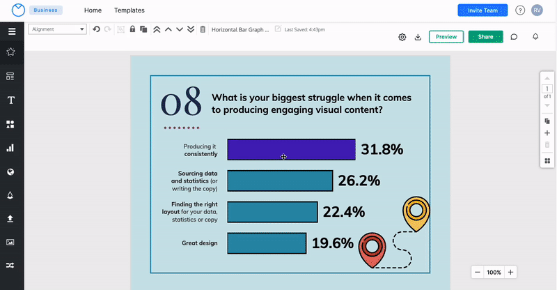 In the Venngage Editor, a canvas appears with a light blue background and a dark blue heading with the number 08 next to the text 'What is your biggest struggle when it comes to producing engaging content?' Under this heading, a bar chart appears with four bars, the top of which is a a dark, blue-purple. A user double-clicks on the bar chart to open the Chart Menu, and clicks the Color Tool icon next to the row in the spreadsheet that represents the blue-purple top bar. The user clicks on the plus sign at the end of the row of tiles under the heading 'Swatch Colors' in the widget to add the blue-purple color to the Swatch Colors.