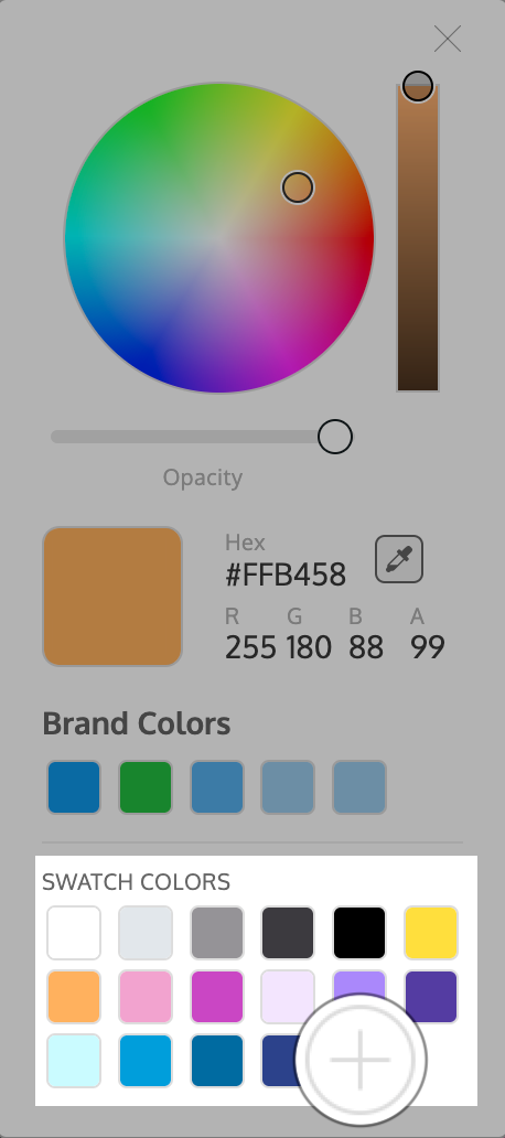 Un primer plano del widget Herramienta de color, tal como aparece en el Editor de Venngage.  La imagen se edita para que se sombree, excepto en el área donde los colores de muestra aparecen como pequeños mosaicos de colores debajo del título "Colores de muestra", en la parte inferior del widget debajo de Colores de marca.  En este caso, hay tres filas de mosaicos de colores, y en la última fila en el extremo derecho, aparece un signo más gris, ampliado para que sea más visible.