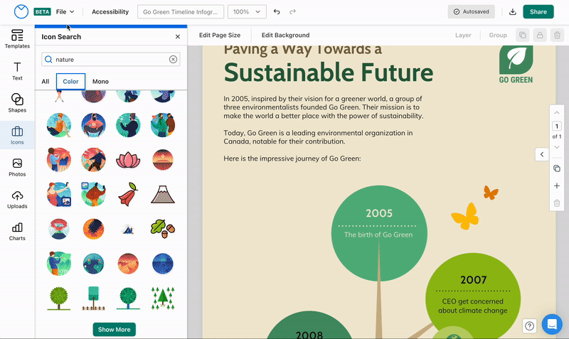 A partial view of a light, sand-colored design canvas in the upgraded Venngage Editor displays an infographic with the heading Paving a Way Towards a Sustainable Future. The accents of the design and text are different shades of green, tan and orange. A user opens the Icons panel in the left sidebar by clicking on it; when the panel opens, a seach bar is visible at the top of the panel and three tabs underneath it are labelled All, Color and Mono respectively. The user types the term 'sprout' in to the search bar at the top of the panel, and returns results for both color and mono icons relating to that search term, underneath the search bar in a gallery of equal-sized thumbnails. The user clicks on a colorful icon of a sprout with two leaves, and it appears on the design canvas. The user clicks on the icon and a blue bounding box appears around it. The user clicks on the top right handle of the bounding box and resizes the icon, making it larger and smaller, and then clicks on the circular arrow icon that appears underneath the bounding box and drags it, causing the icon to rotate. The user then repositions the icon on the canvas by clicking and dragging it, placing it under a heading.