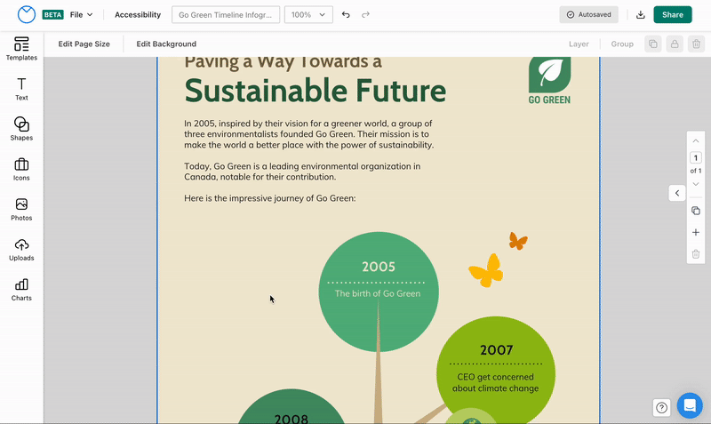 A partial view of a light, sand-colored design canvas in the upgraded Venngage Editor displays an infographic with the heading Paving a Way Towards a Sustainable Future. The accents of the design and text are different shades of green, tan and orange. A user opens the Icons panel in the left sidebar by clicking on it; when the panel opens, a seach bar is visible at the top of the panel and three tabs underneath it are labelled All, Color and Mono respectively. The user clicks on the Color tab, and scrolls down the a gallery of equal-sized icon thumbnails, showing different icon packs with categories like Activities and Recreation, Diverse Circular Portraits, Retro Essentials, etc. The user clicks the Mono tab and displays an icon pack labelled Cultural Mono Pack with simple black and white silhouette icons of items like clothes, food, sports equipment, etc. The user then types the term 'green' in to the search bar at the top of the panel, and returns results for both color and mono icons relating to that search term, underneath the search bar in a gallery of equal-sized thumbnails.
