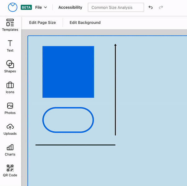 A partial view of a light blue canvas in the upgraded Venngage Editor shows several shapes and lines. The top shape is a simple, single-color square with a blue fill. A user clicks on the square, and color and styling tool icons appear in the top toolbar over the canvas. The user clicks on the Color Fill icon in the top toolbar. When the widget opens, the user moves the slider from 0% to 48%, which causes the fill of the square to change from blue to red, reflecting the percentage the user selects in the slider. When the user closes the Color Fill widget, the square is 48% blue and 52% red. The user clicks on Fill Color One, which appears as a blue tile the same color as 48% of the square, and opens a Color Tool widget. The Color Tool widget displays multiple color swatch tiles and a color picker. The user changes the blue color to a dark teal, which appears as a circle under the heading Project Colors. The user closes the Color Tool widget and clicks on Fill Color Two, which appears as a bright red tile the same color as the 52% portion of the square, in the top toolbar, and changes the red to a medium green.